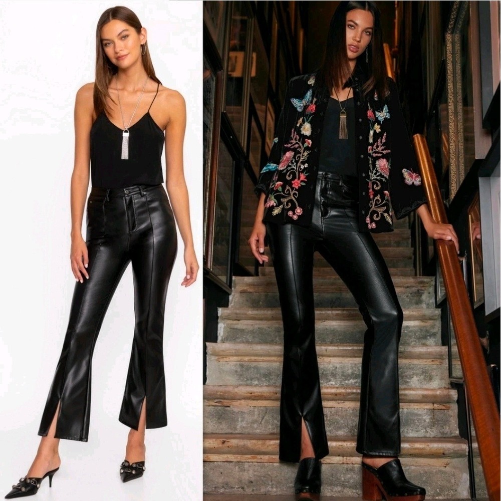 Johnny Was Jade Womens Faux Leather Flare Pants Size 27 Black Embroidered sample
